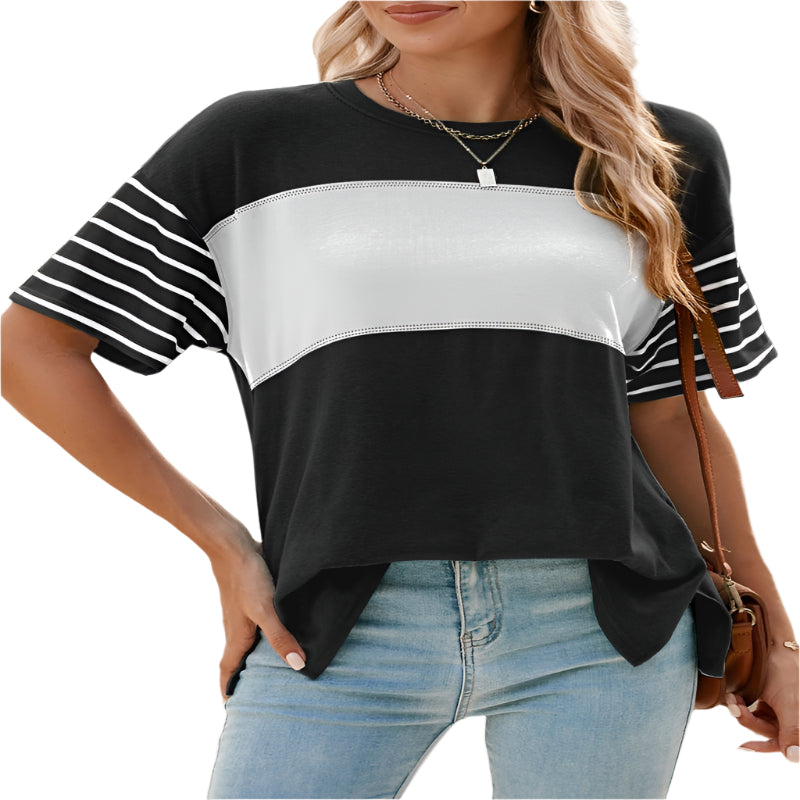 Women's Pullover Crew Neck Casual Striped Contrast Color Short Sleeve T-Shirt