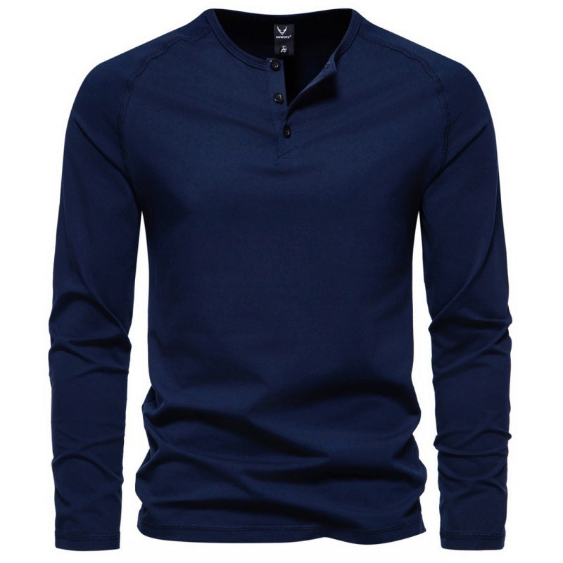 Men's Henry Collar Long-Sleeved Casual Buttoned Solid Color T-Shirt