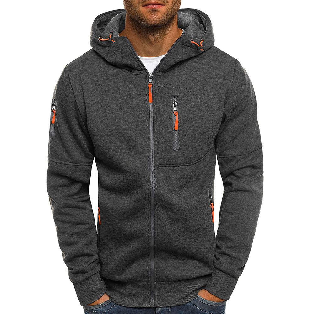 Men's Casual Zipper Hooded Sweater Solid Color Sports Fitness Cardigan Hoodie