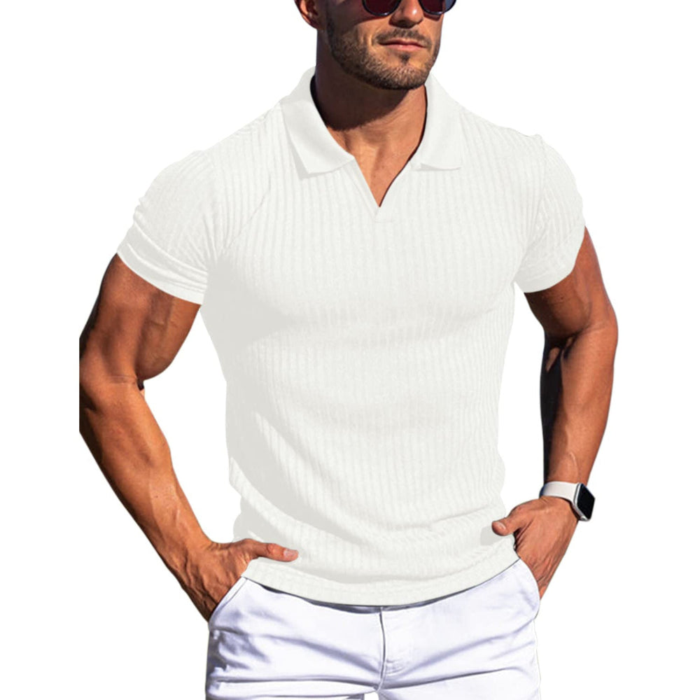 Men's Polo Shirt Lapel V-Neck Vertical Striped Short Sleeve