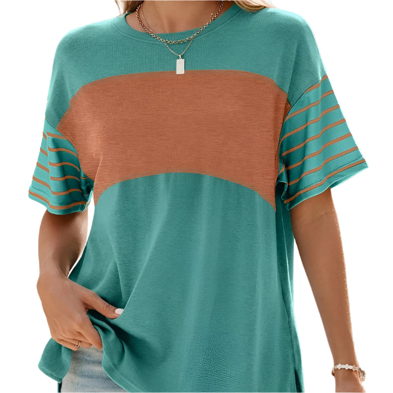 Women's Pullover Crew Neck Casual Striped Contrast Color Short Sleeve T-Shirt