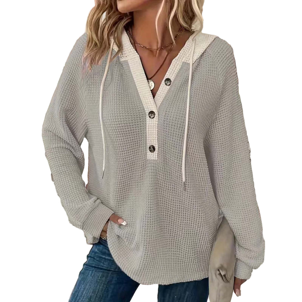 Women's Solid Color Waffle Fabric Hooded Loose Fit Sweater Long Sleeve Sweatershirt