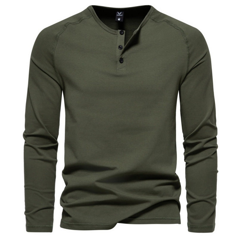 Men's Henry Collar Long-Sleeved Casual Buttoned Solid Color T-Shirt