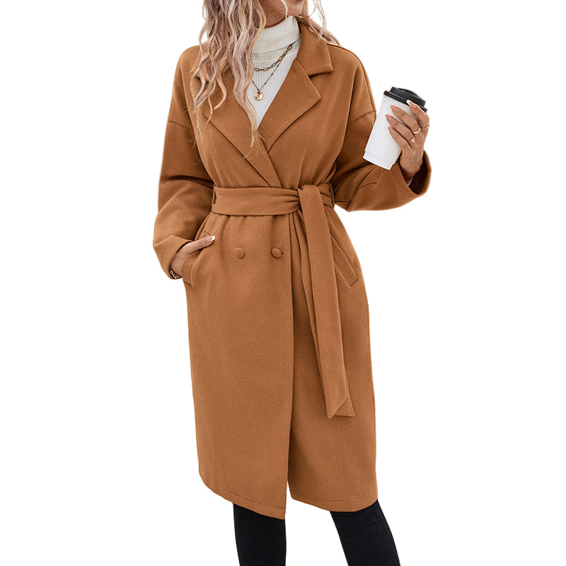 Women's Lace-Up Extended Solid Color Woolen Coat