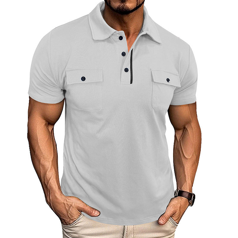 Summer Lapel Button Polo Shirt With Chest Pockets Outdoor Fashion Short Sleeve Tops For Men Clothing
