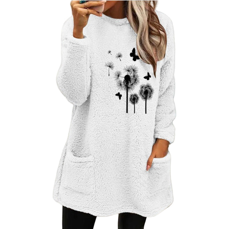 Women's Round Neck Pullover Long Sleeve Pocket Embossed Double-Sided Velvet Sweater