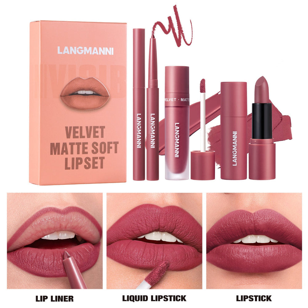 Six-Color Lipliner Liquid Lipstick & Lipstick 3pcs Set