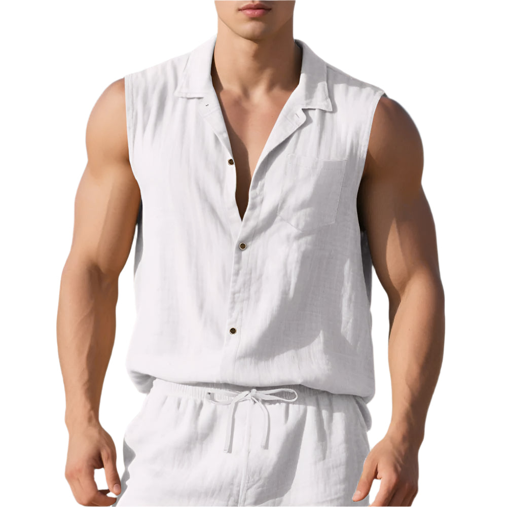 Sleeveless Linen Polo Shirt Vest For Men