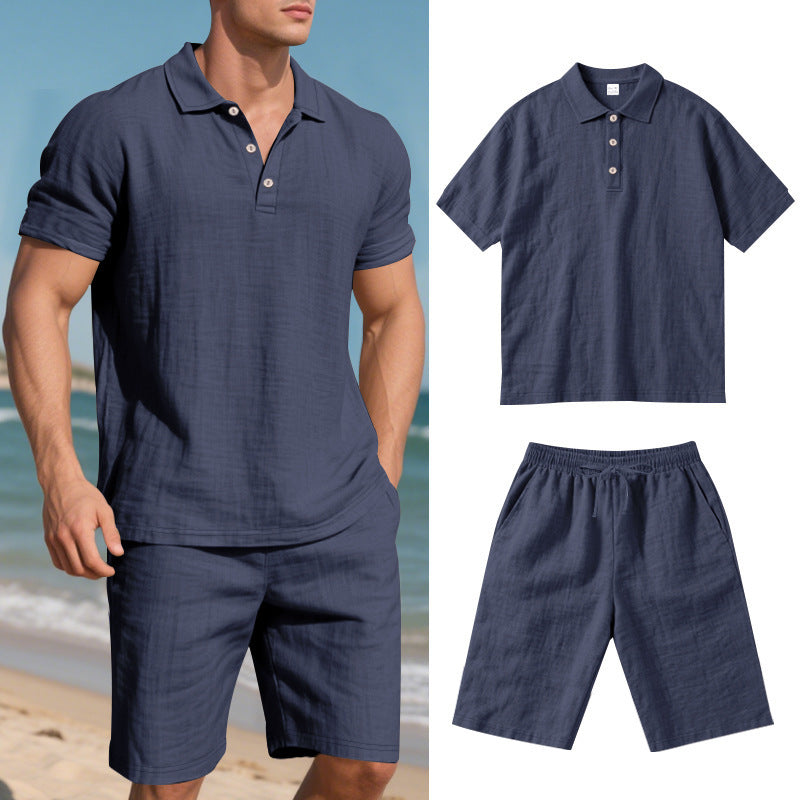 Summer Men's Loose Casual Linen Breathable Short Sleeve Shirts & Shorts Clothing Set
