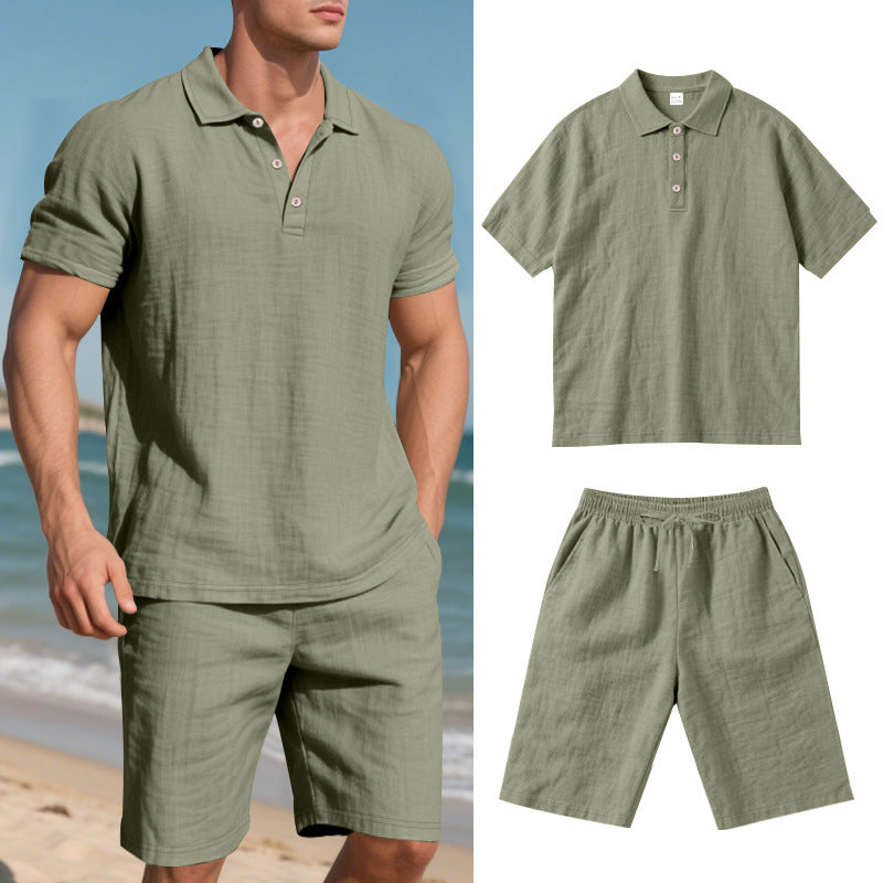 Summer Men's Loose Casual Linen Breathable Short Sleeve Shirts & Shorts Clothing Set