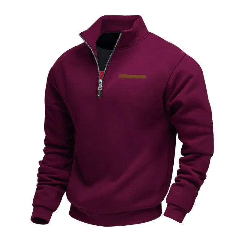 Fleece-Lined Mid-Length Zip-Up Loose-Fit Stand-Up Collar Casual Sweater
