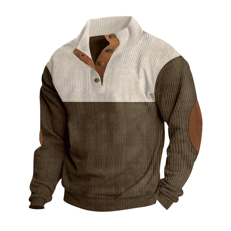 Men's Casual Button Half-Open Stand Collar Fashion Colorblock Sweater