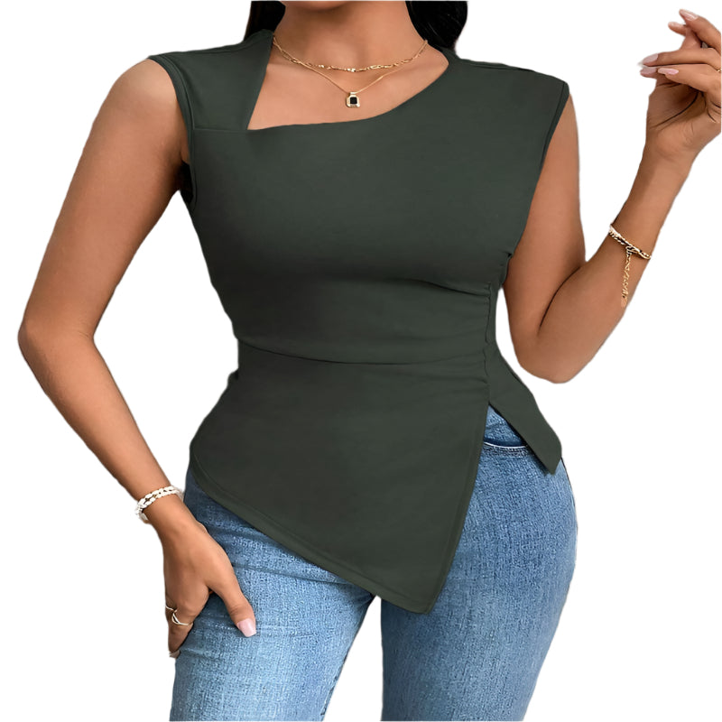 Irregular Women's T-Shirt Diagonal Collar Sleeveless Top