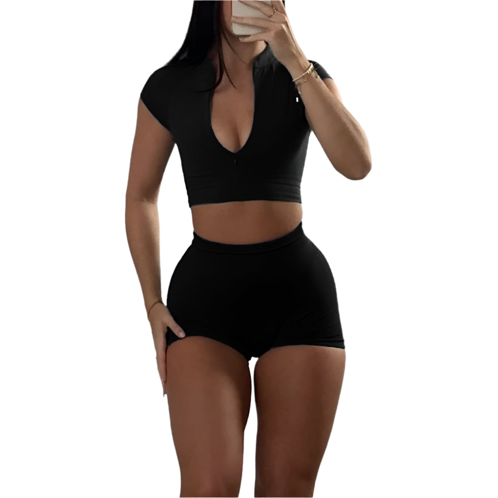 Sports Zipper Short-Sleeved Top And Shorts Two-Piece Gym Workout Outfit Clothing Set Suit For Women.