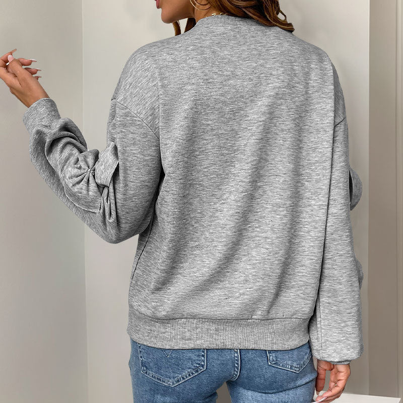 Casual Cool Bow Tie Stitching Women's Gray Round-Neck Sweater