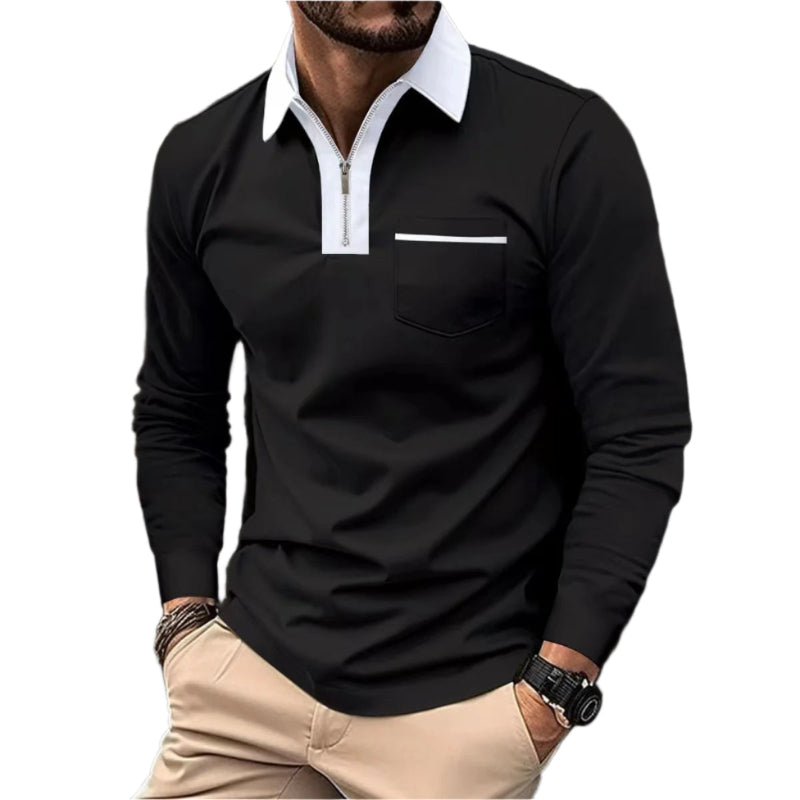 Men's Long Sleeve Zipper Casual Lapel Collar Polo Shirts