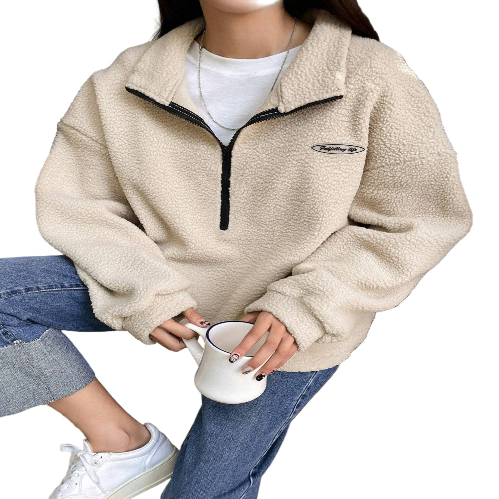 Patched Detail Drop Shoulder Half Zip Fleece Sweatshirt Long Sleeve Sweater Tops For Women