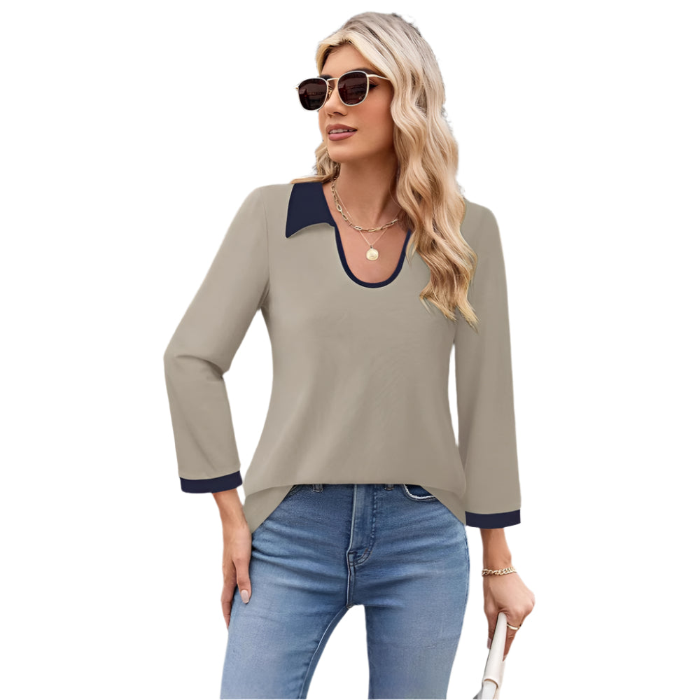 Color Matching Lapel Collar Long Sleeve Top T-Shirt For Women