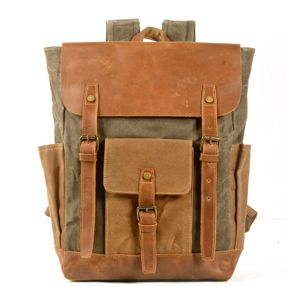 Canvas Stitching Horse Leather Backpack Oil Wax Waterproof Computer Schoolbag