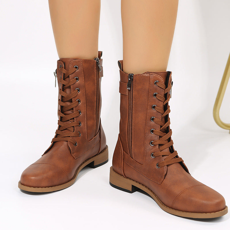 Lace-Up Western Cowboy Boots With Side Zipper Shoes For Women