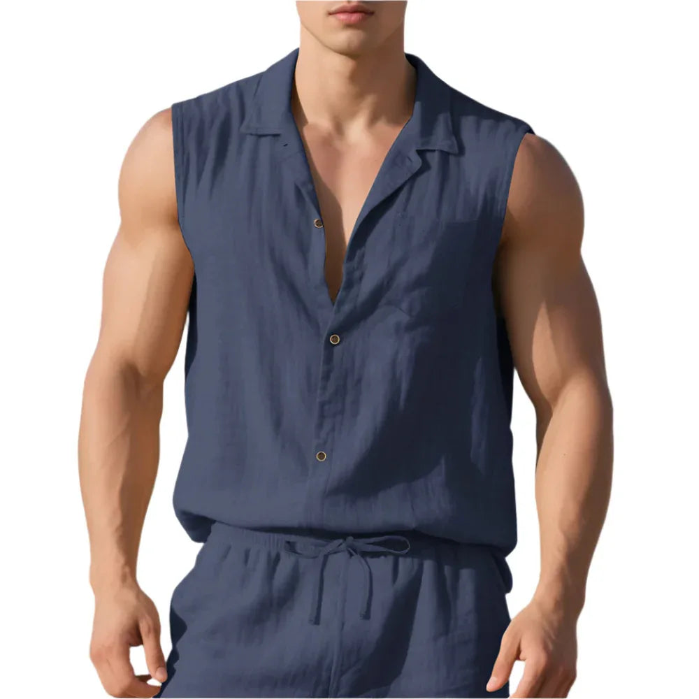 Sleeveless Linen Polo Shirt Vest For Men