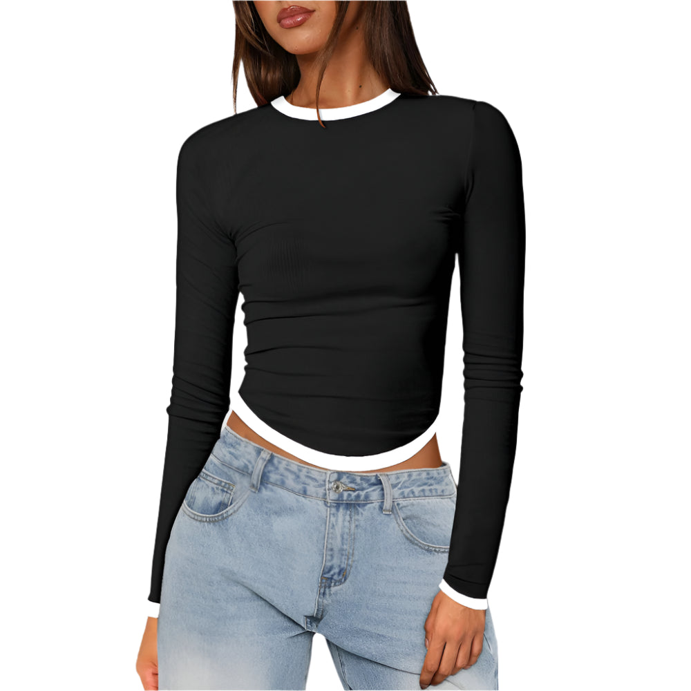 Women's Long-Sleeved Round Neck Slim-Fit Contrast Colors Short Pullover Top T-Shirt