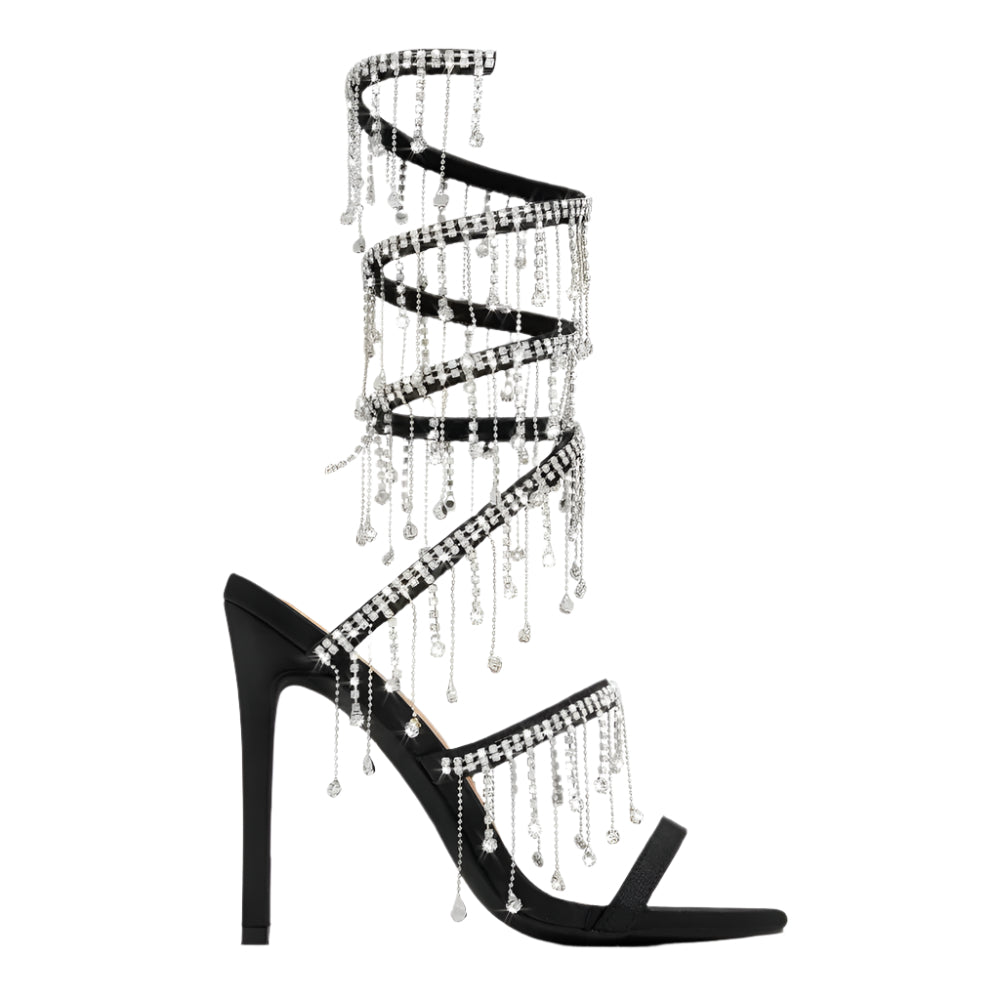 11cm Stiletto Heel Small Round Toe Satin Surface Rhinestone High-Heeled Sandals Summer Rivet