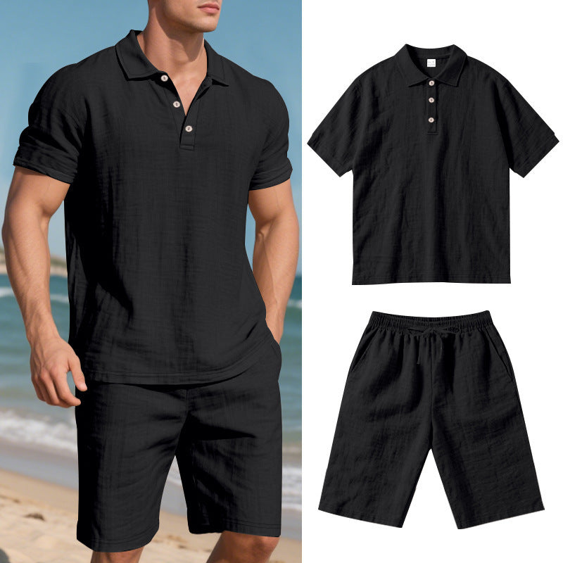 Summer Men's Loose Casual Linen Breathable Short Sleeve Shirts & Shorts Clothing Set