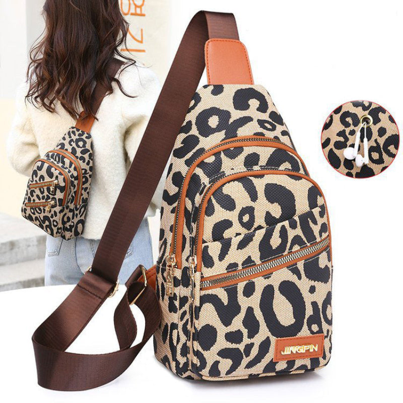Leopard Print Sling Chest Bag With Headphone Jack Crossbody Shoulder Bag For Women