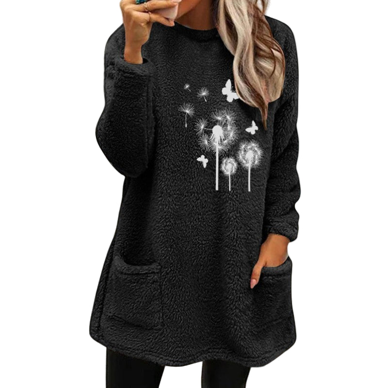 Women's Round Neck Pullover Long Sleeve Pocket Embossed Double-Sided Velvet Sweater