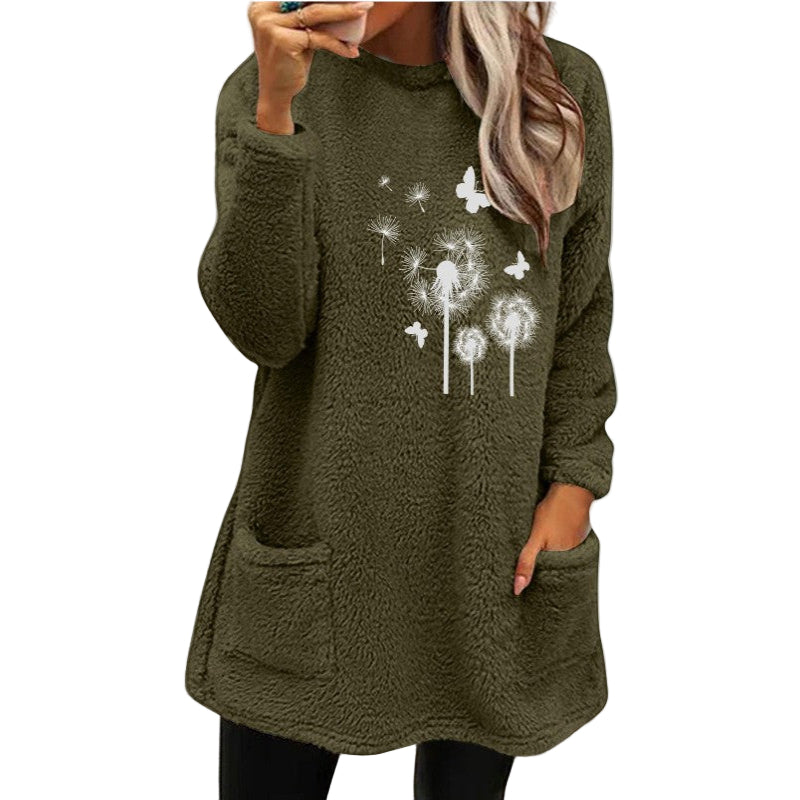 Women's Round Neck Pullover Long Sleeve Pocket Embossed Double-Sided Velvet Sweater