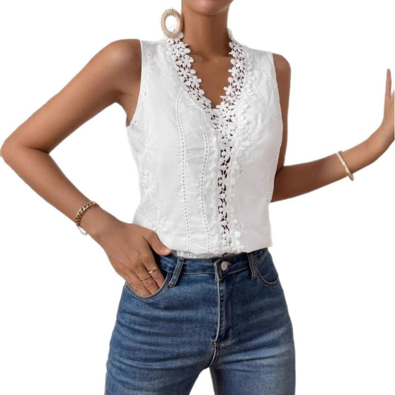 Women's Solid Color Lace Stitching Loose Strap Vest Top