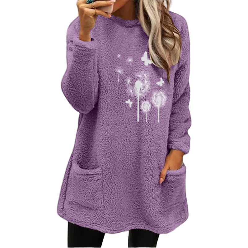 Women's Round Neck Pullover Long Sleeve Pocket Embossed Double-Sided Velvet Sweater