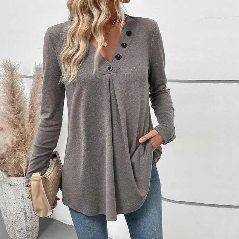 Casual Mid-Length V-Neck Solid Color Long-Sleeve Women's Top