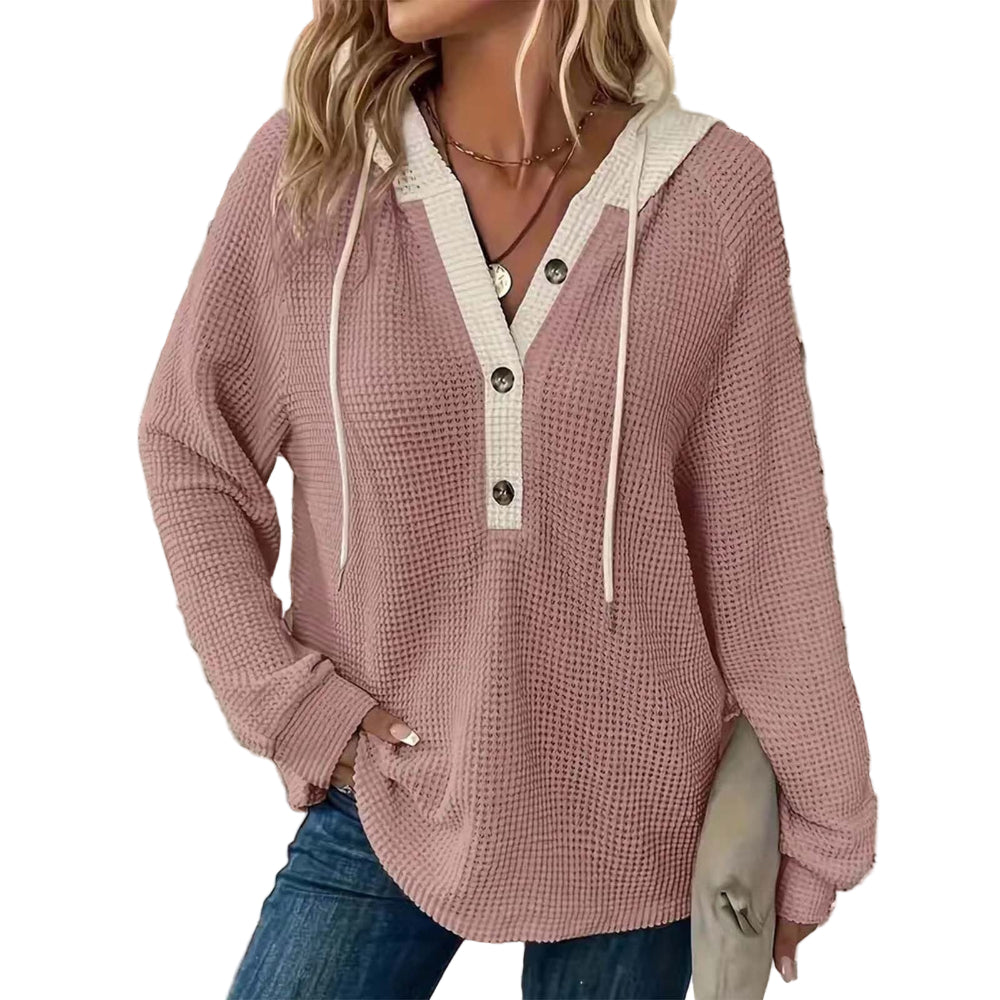 Women's Solid Color Waffle Fabric Hooded Loose Fit Sweater Long Sleeve Sweatershirt