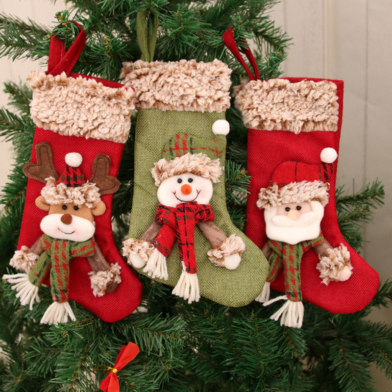 Three-Dimensional Linen Plush Christmas Socks Hanging Decorations