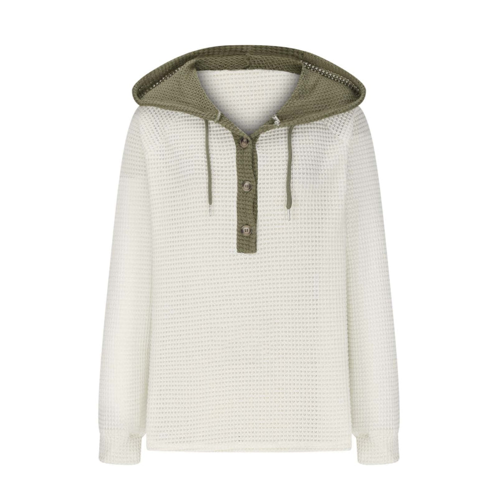 Women's Solid Color Waffle Fabric Hooded Loose Fit Sweater Long Sleeve Sweatershirt