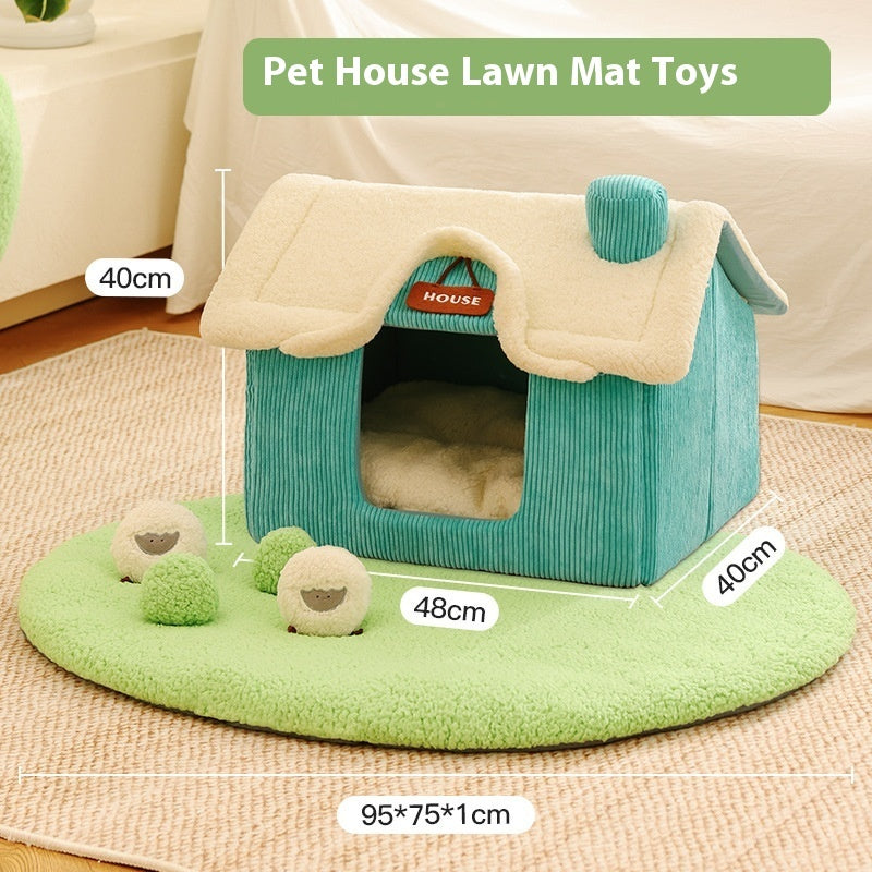Creative Cute Cartoon Warm Pet Bed House And Plush Lawn With Multiple Dog Chew Toys