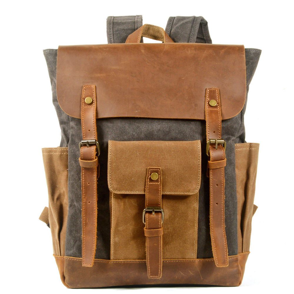 Canvas Stitching Horse Leather Backpack Oil Wax Waterproof Computer Schoolbag