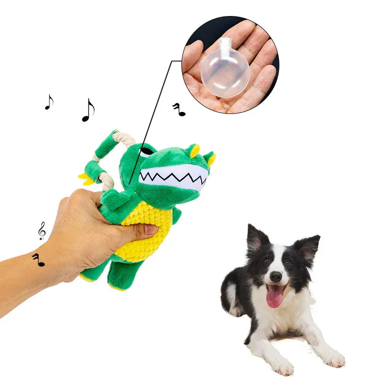 Pet Dog Plush Sounding Durable Soft interactive Dinosaur Shape Chew Toy With Squeaker.