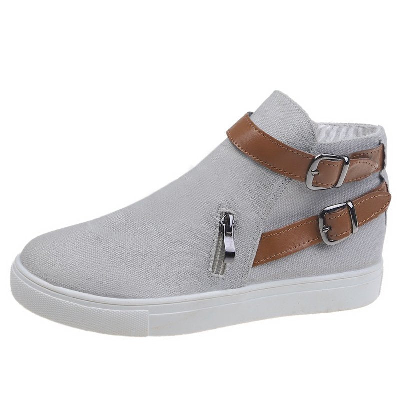 Women's Shoes Side Zipper Double Buckle Canvas Sneakers