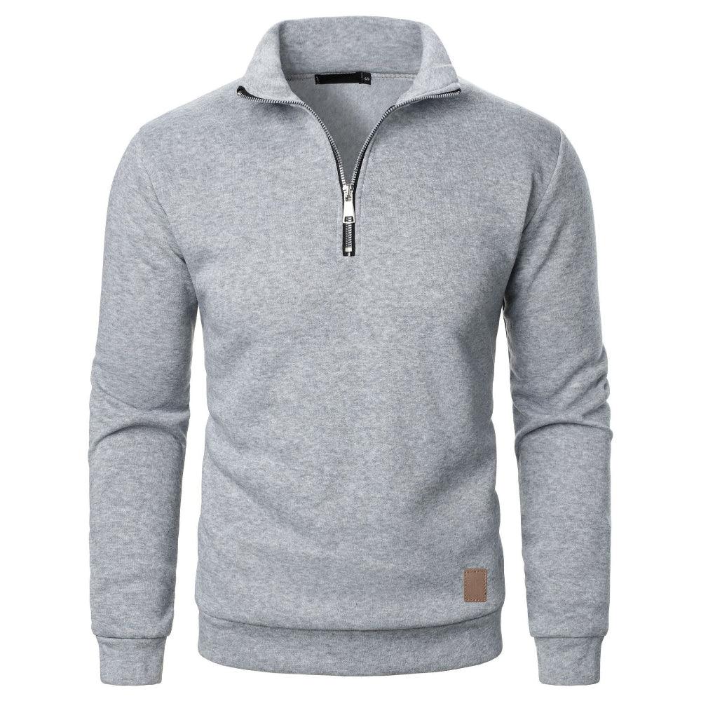 Men's Stand Collar Half Zip Long-Sleeved Casual Solid Color Fleece Top Sweater