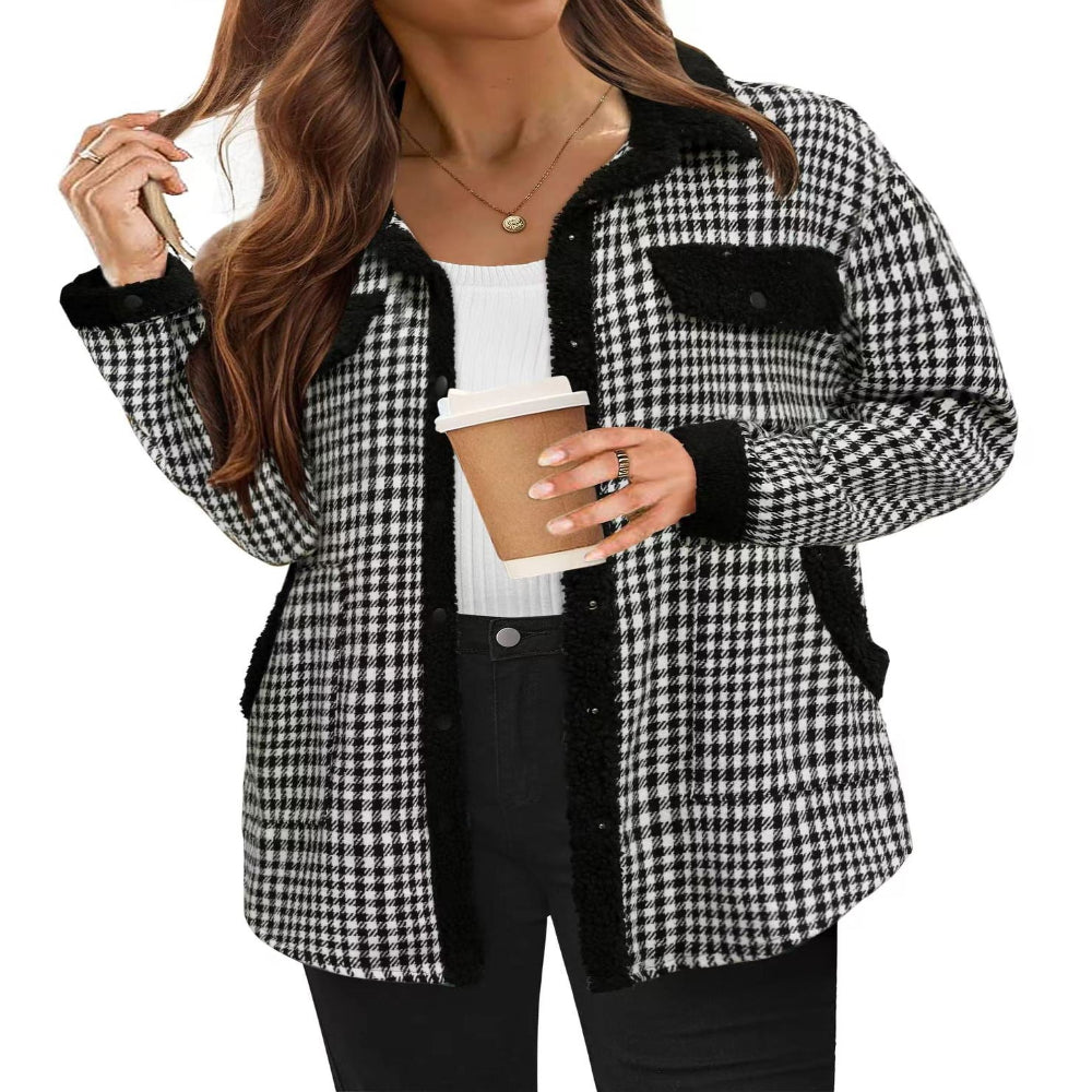 Contrast Color Plaid Jacket Casual Polo Collar Velvet Coat For Women
