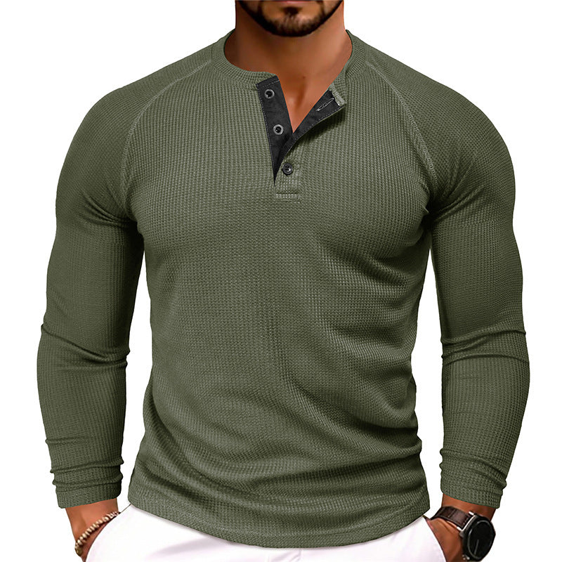 Men's Round Neck Waffle Casual Buttoned Long Sleeve T-Shirt