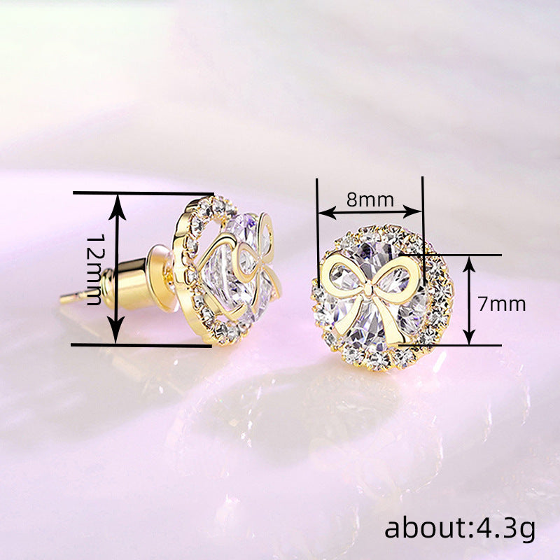 Women's Bow Stud Earrings Sweet Accessory Micro Inlaid Zircon