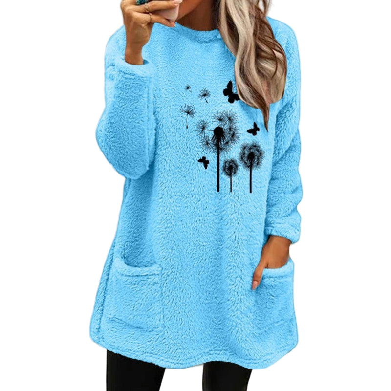 Women's Round Neck Pullover Long Sleeve Pocket Embossed Double-Sided Velvet Sweater