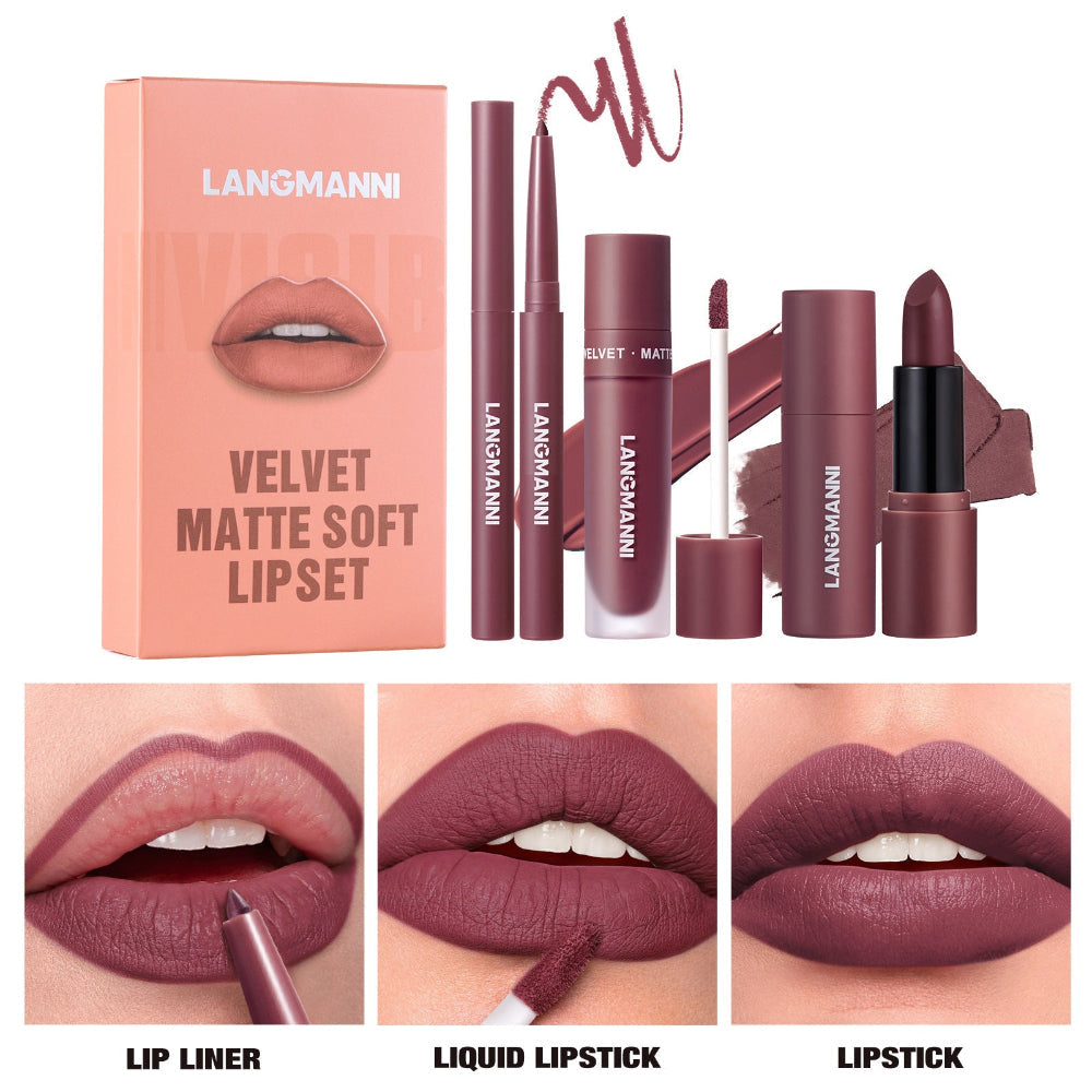 Six-Color Lipliner Liquid Lipstick & Lipstick 3pcs Set