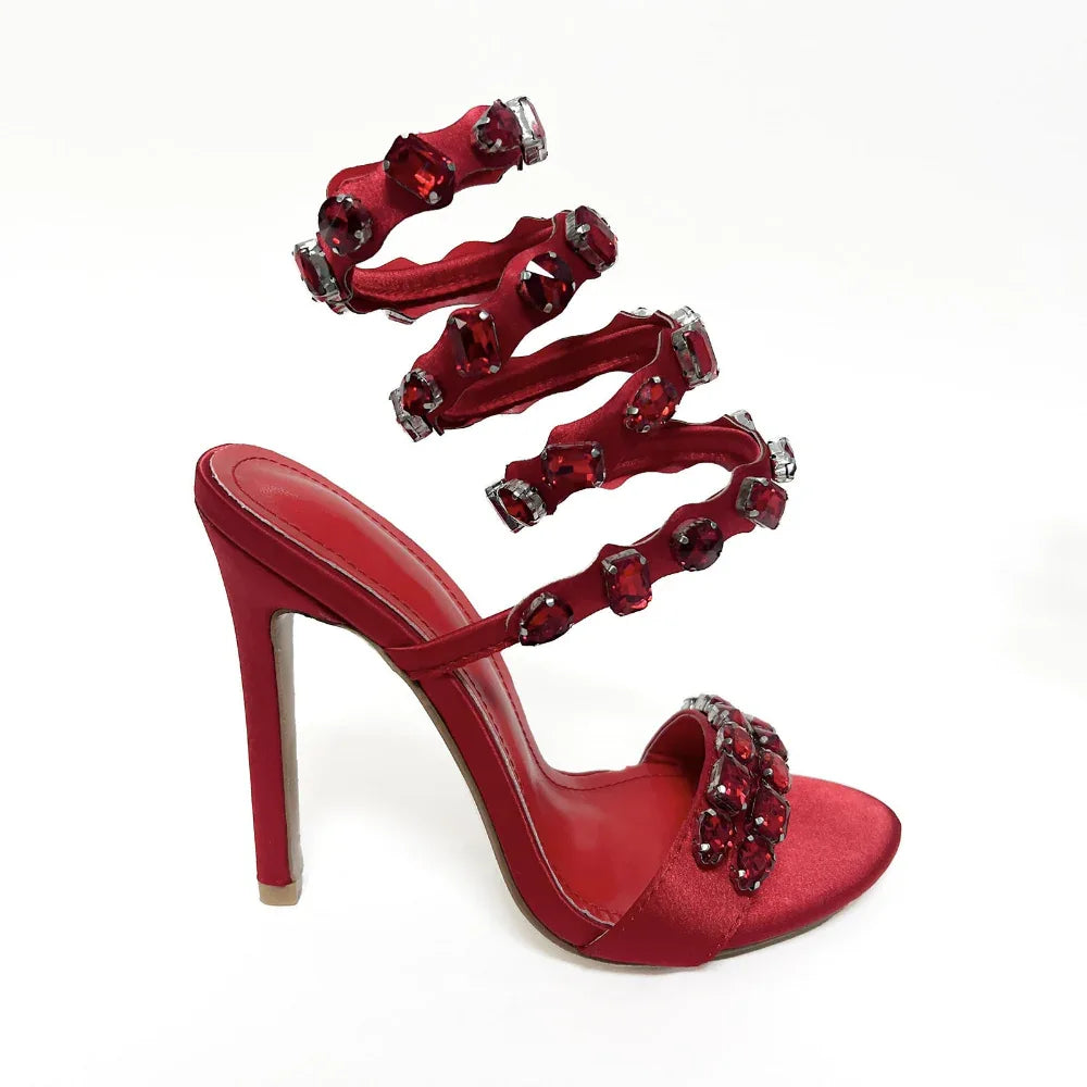 11cm Stiletto Heel Small Round Toe Satin Surface Rhinestone High-Heeled Sandals Summer Rivet
