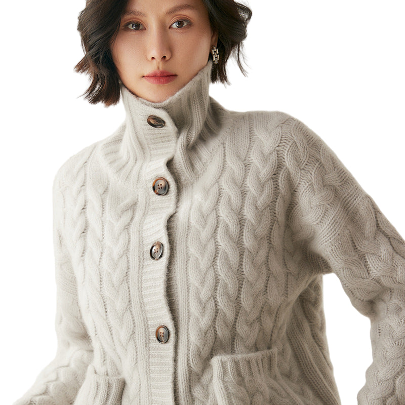 French Style Turtleneck Cashmere Cardigan Sweater For Women