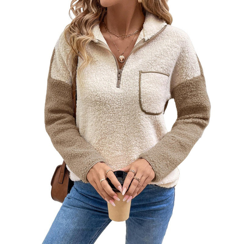 Long Sleeve Stand Collar Color Matching Warm With Velvet Sweater For Women